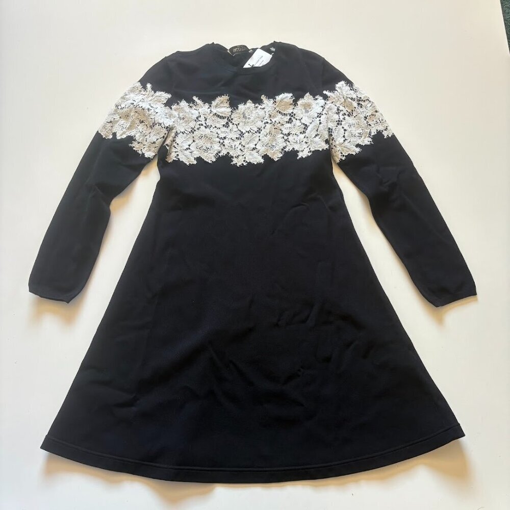 NWT Valentino Abito Lace Pattern Stripe  Dress Black White Long Sleeve
